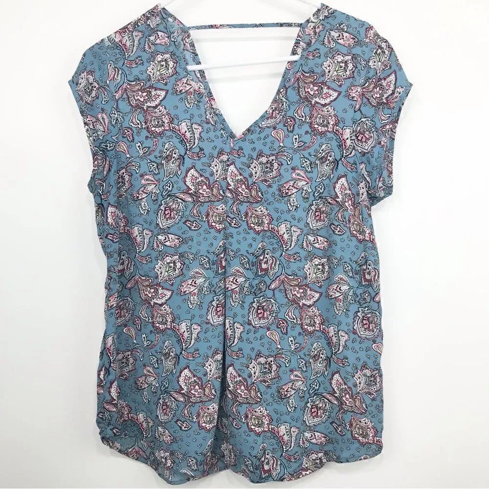 DR2 Blue Floral Paisley Flowing Cap Sleeve Blouse